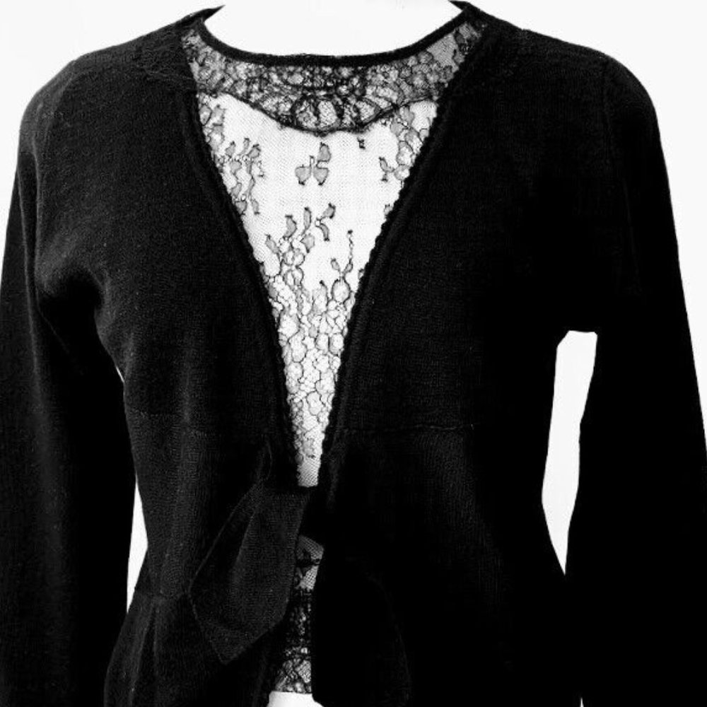 Valentino Rare Spa Black Sweater Lace Front Wool/Cashmere Long Sleeve SZ 8 / 42